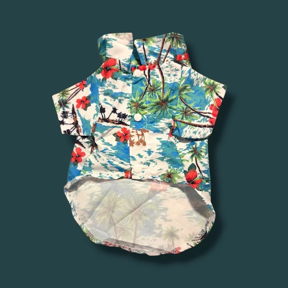 Tropical Palm Tree Hibiscus Pet Hawaiian Shirt Blue Size L Dog‎ Clothes